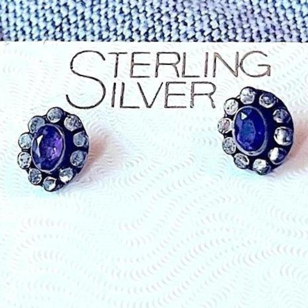 Vintage Sterling Silver Amethyst Stud‎ Earrings